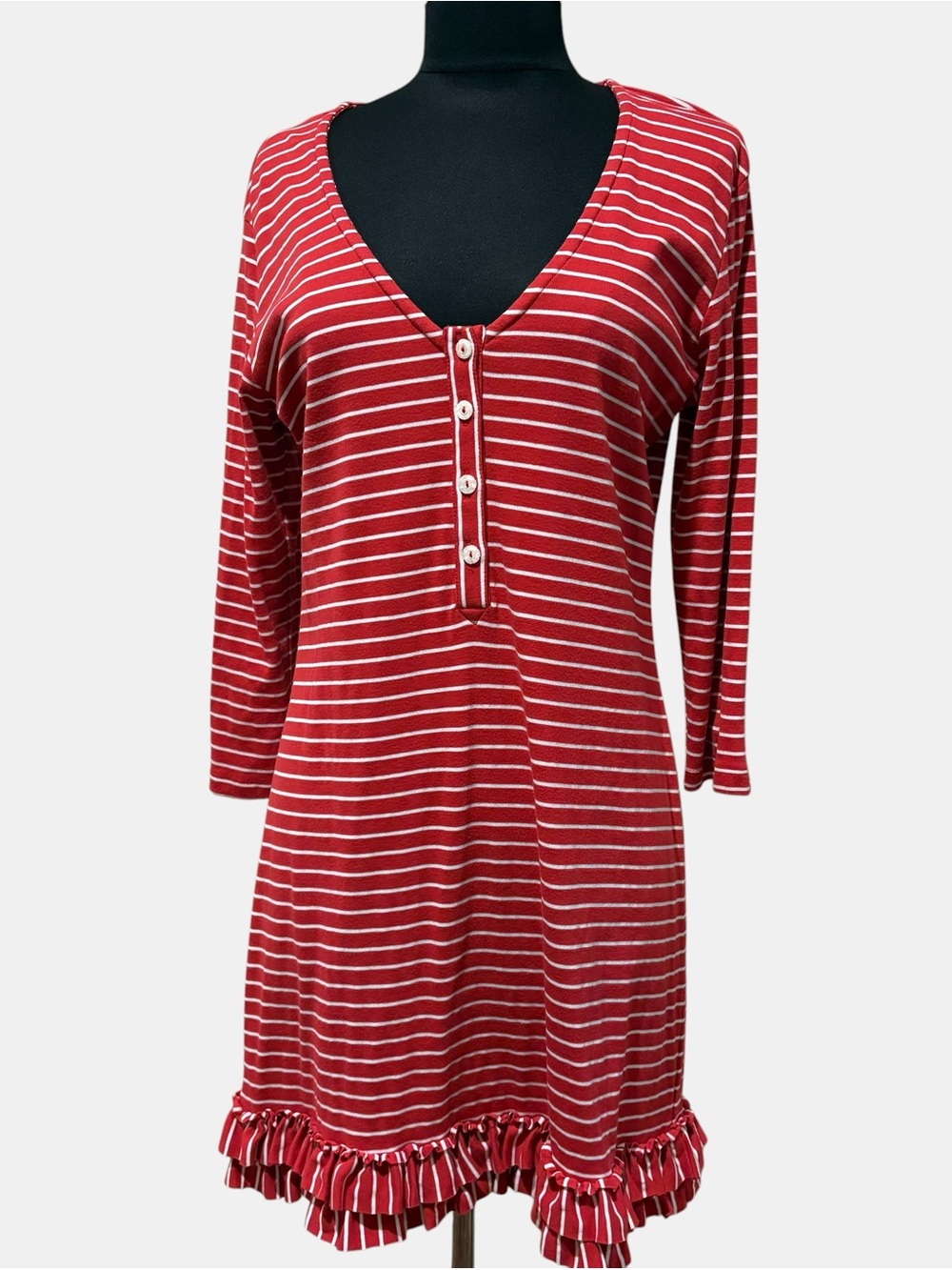 Fine Garments by Bell Red Striped Henley Mini Dress with Ruffle Hem size XL